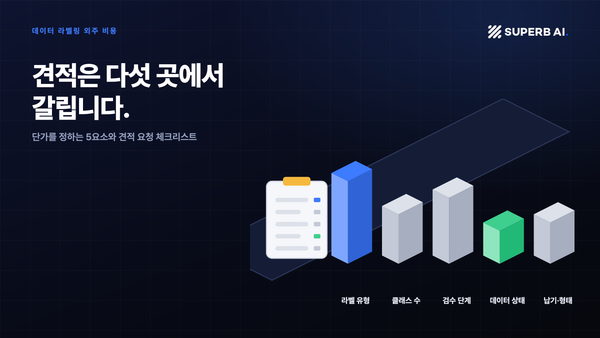 견적을 움직이는 다섯 요소를 높이가 다른 기둥과 견적서로 그린 개념도
