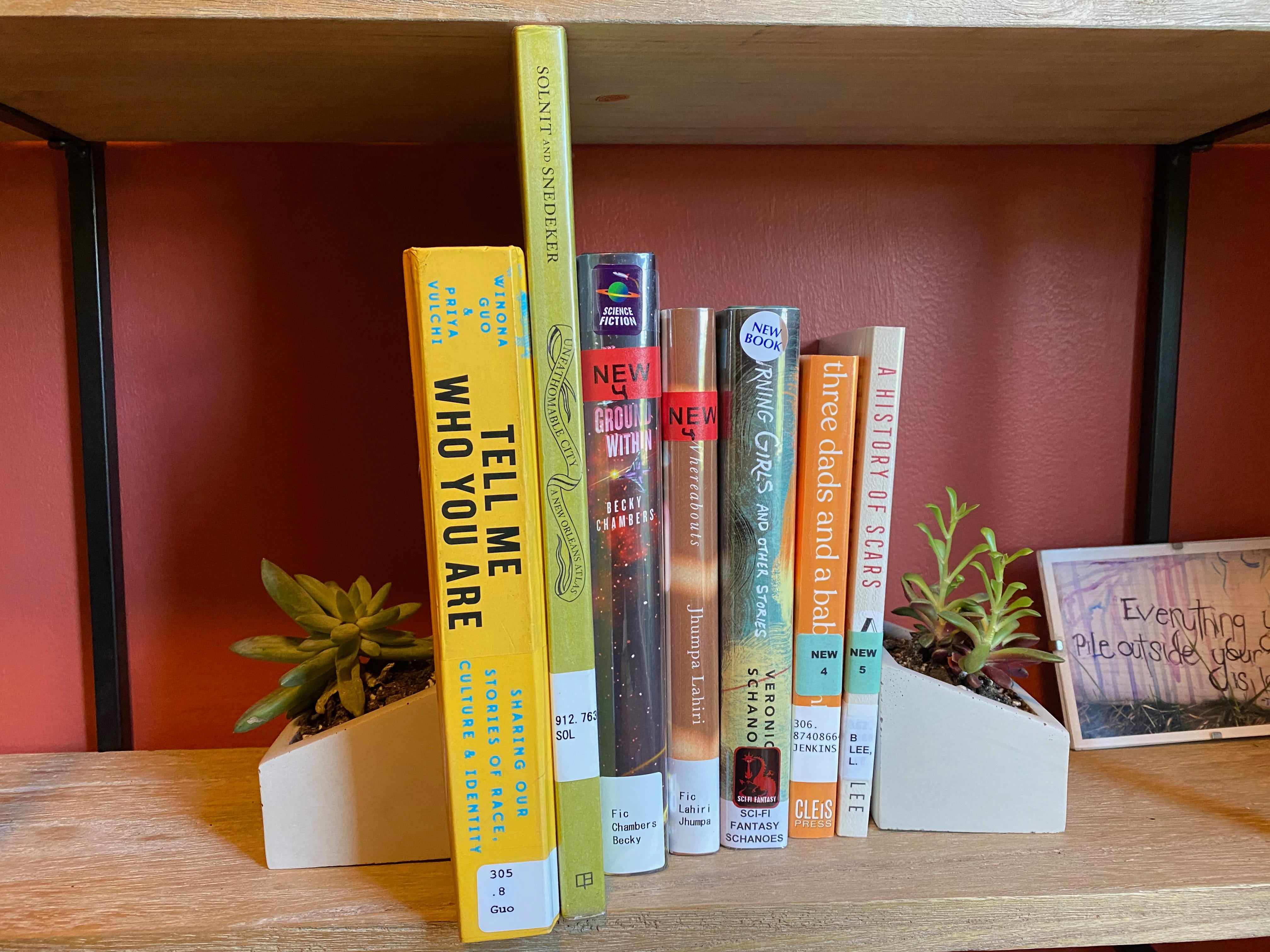 A shelf of library books between two succulent planter bookends. The books are:&nbsp;Tell Me Who You Are, Unfathomable City, The Galaxy, and the Ground Within, Whereabouts, Burning Girls,Three Dads and a Baby, and A History of Scars.