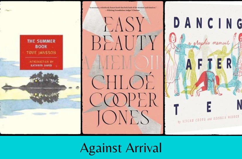 Small images of the three featured books in a row above the text ‘Against Arrival’ on a teal background.