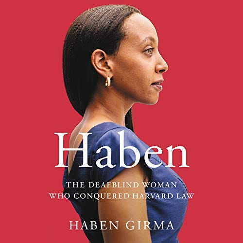 Cover of the audiobook Haben by Haben Girma. Haben Girma, a Black woman with long hair tossed over her shoulder is shown in profile on a red background.