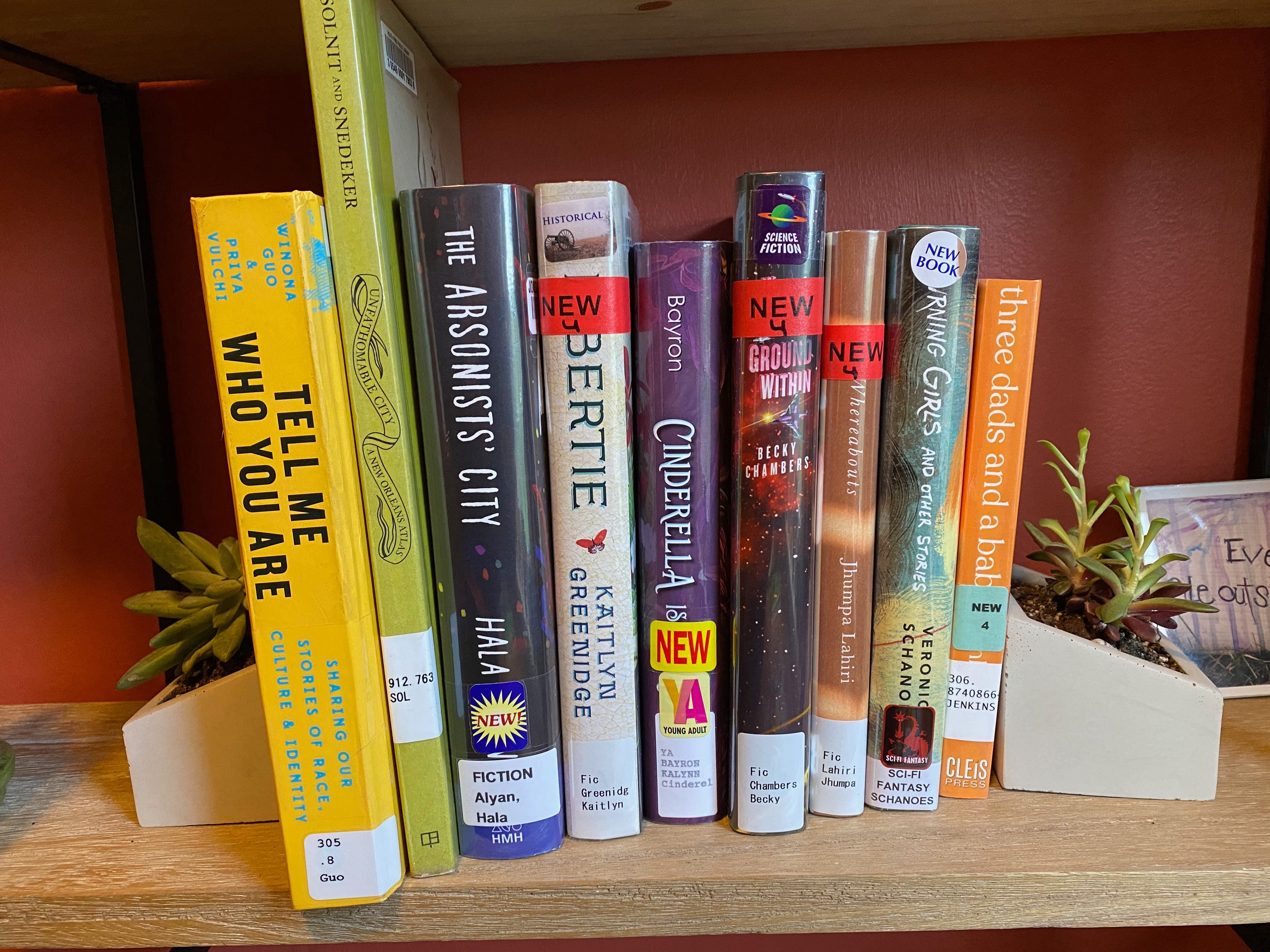 A shelf of library books between two succulent planter bookends. The books are:&nbsp;Tell Me Who You Are, Unfathomable City, The Arsonists’ City, Libertie, Cinderella is Dead, The Galaxy, and the Ground Within, Whereabouts, Burning Girls, and Three Dads and a Baby.