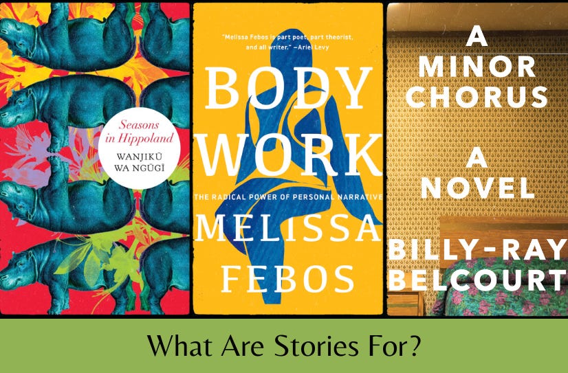 Small cover images of the three listed books above the text ‘What Are Stories For?’ on a green background.