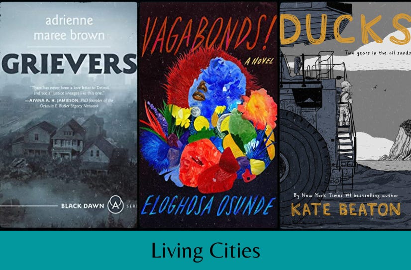 Small cover images of the three books listed above the text ‘Living Cities’ on a teal background.