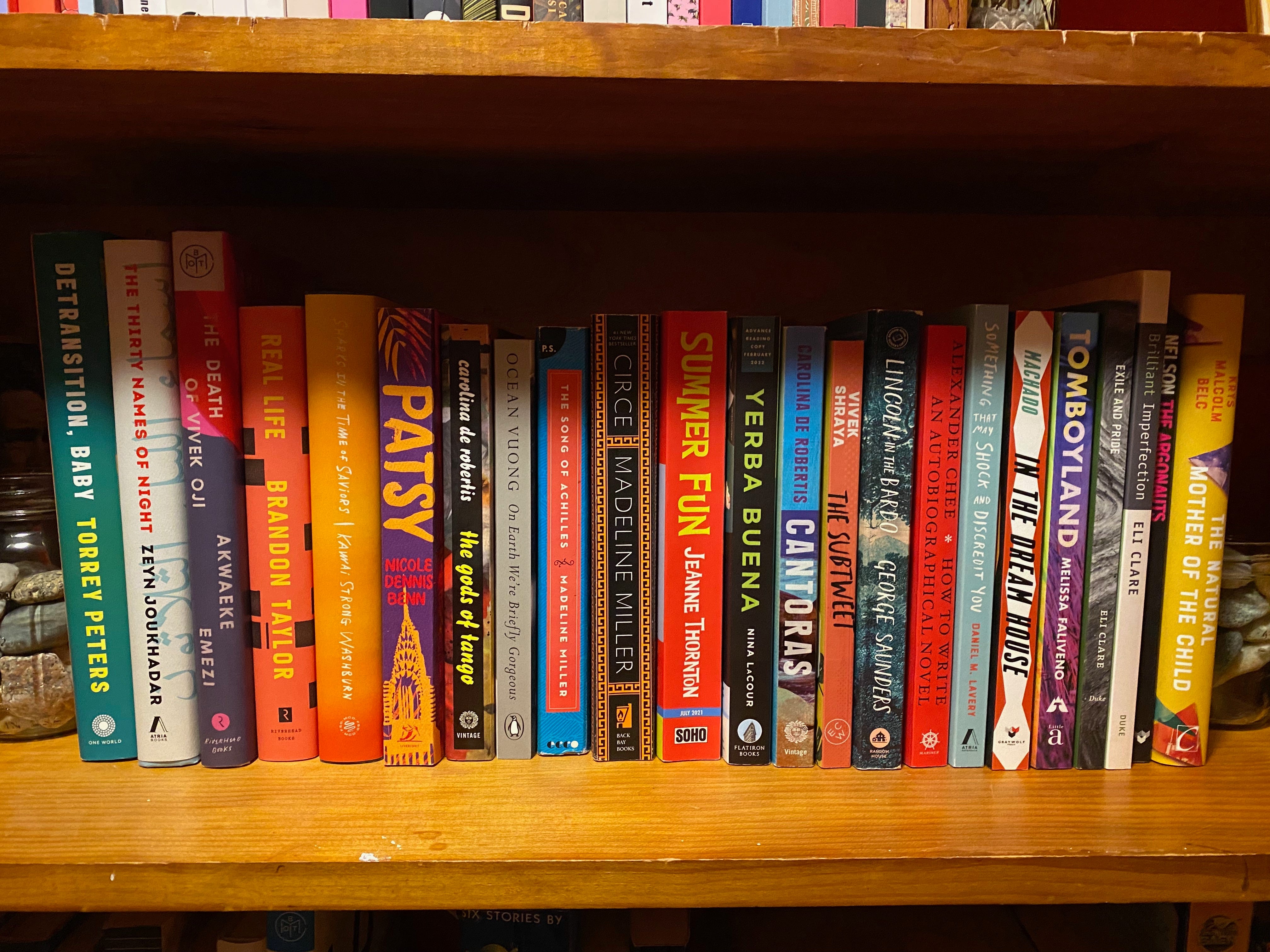 Colorful books arranged on a wooden shelf: Detransition, Baby, The Thirty Names of Night, The Death of Vivek Oji, Real Life, Sharks in the Time of Saviors, Patsy, The Gods of Tango, On Earth We’re Briefly Gorgeous, The Song of Achilles, Circe, Summer Fun, Yerba Buena, Cantoras, The Subtweet, Lincoln in the Bardo, How to Write an Autobiographical Novel, Something that May Shock and Discredit You, In the Dream House, Tomboyland, Exile and Pride, Brilliant Imperfection, The Argonauts, The Natural Mother of the Child.