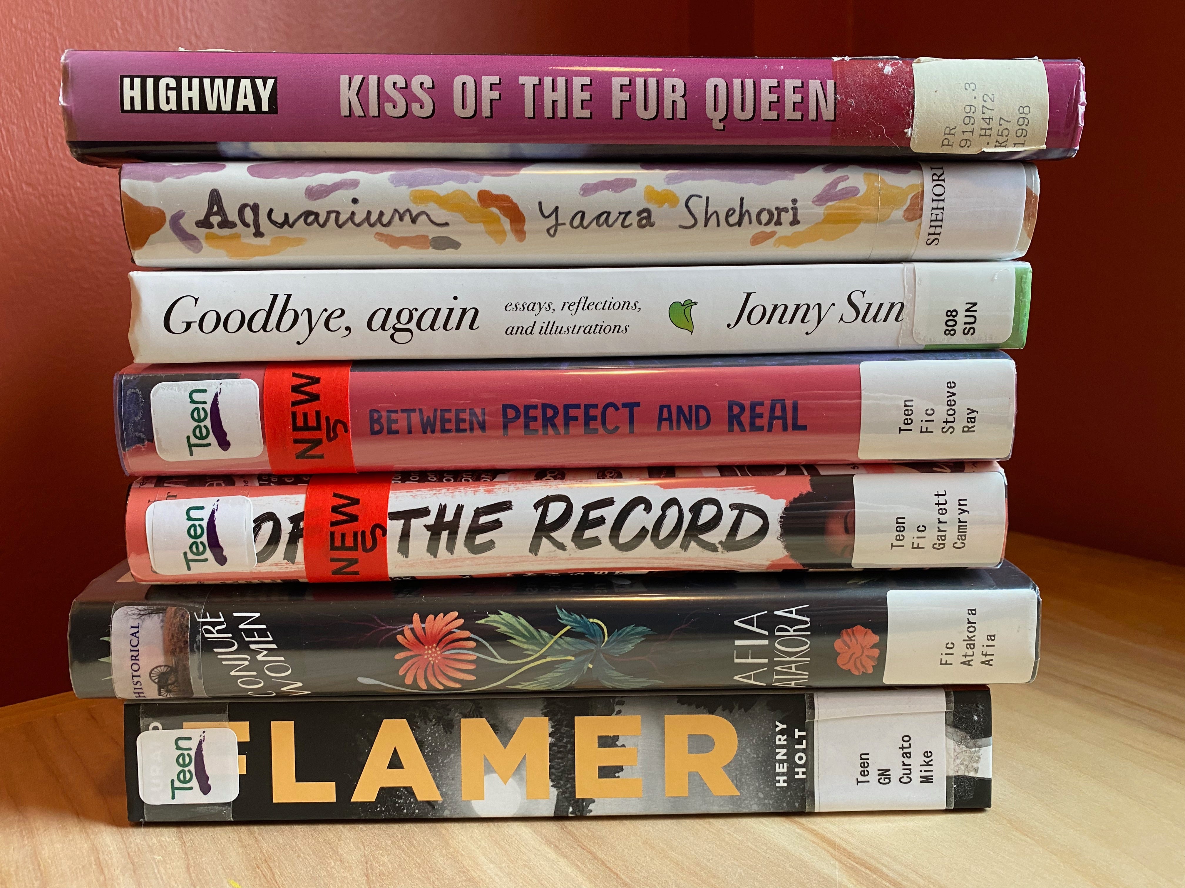 A stack of library books on a desk. Books include: Flamer, Conjure Women, Off The Record, Between Perfect and Real, Goodbye, Again, Aquarium, and Kiss of the Fur Queen.