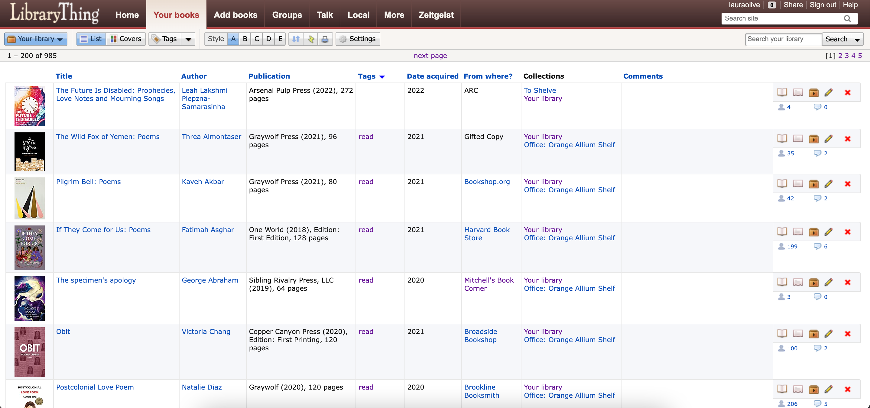 A screenshot of my Library Thing catalog.