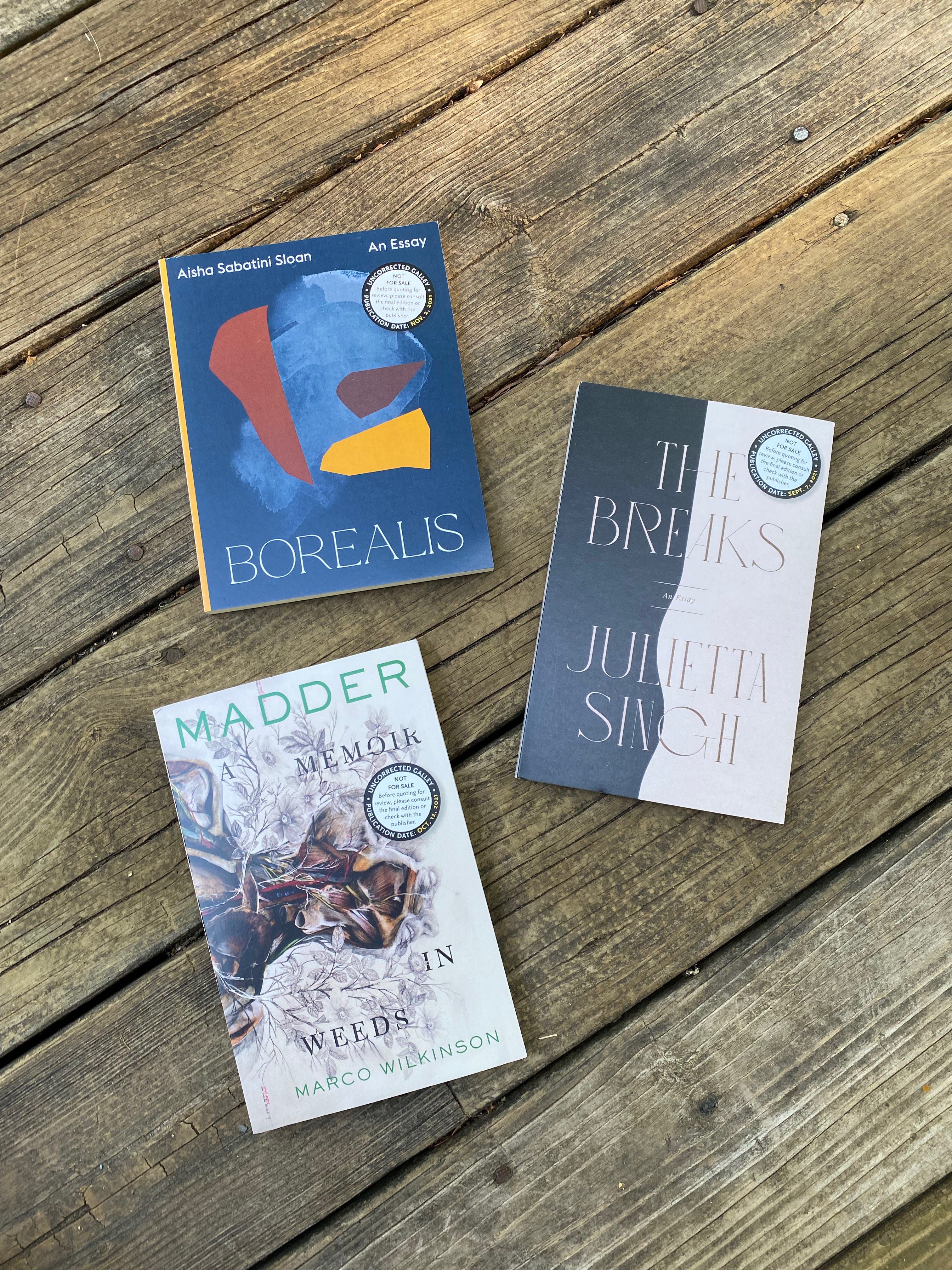 Three paperback books lying flat on a wooden porch: Madder by Marco Wilkinson, Borealis by Aisha Sabatini Sloan, and The Breaks by Julietta Singh.