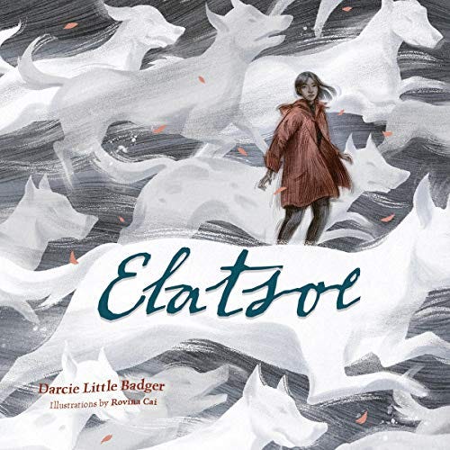 Audiobook cover of Elatsoe by Darcie Little Badger. A girl in a brown coat stands in the middle of a herd of white dogs, running.