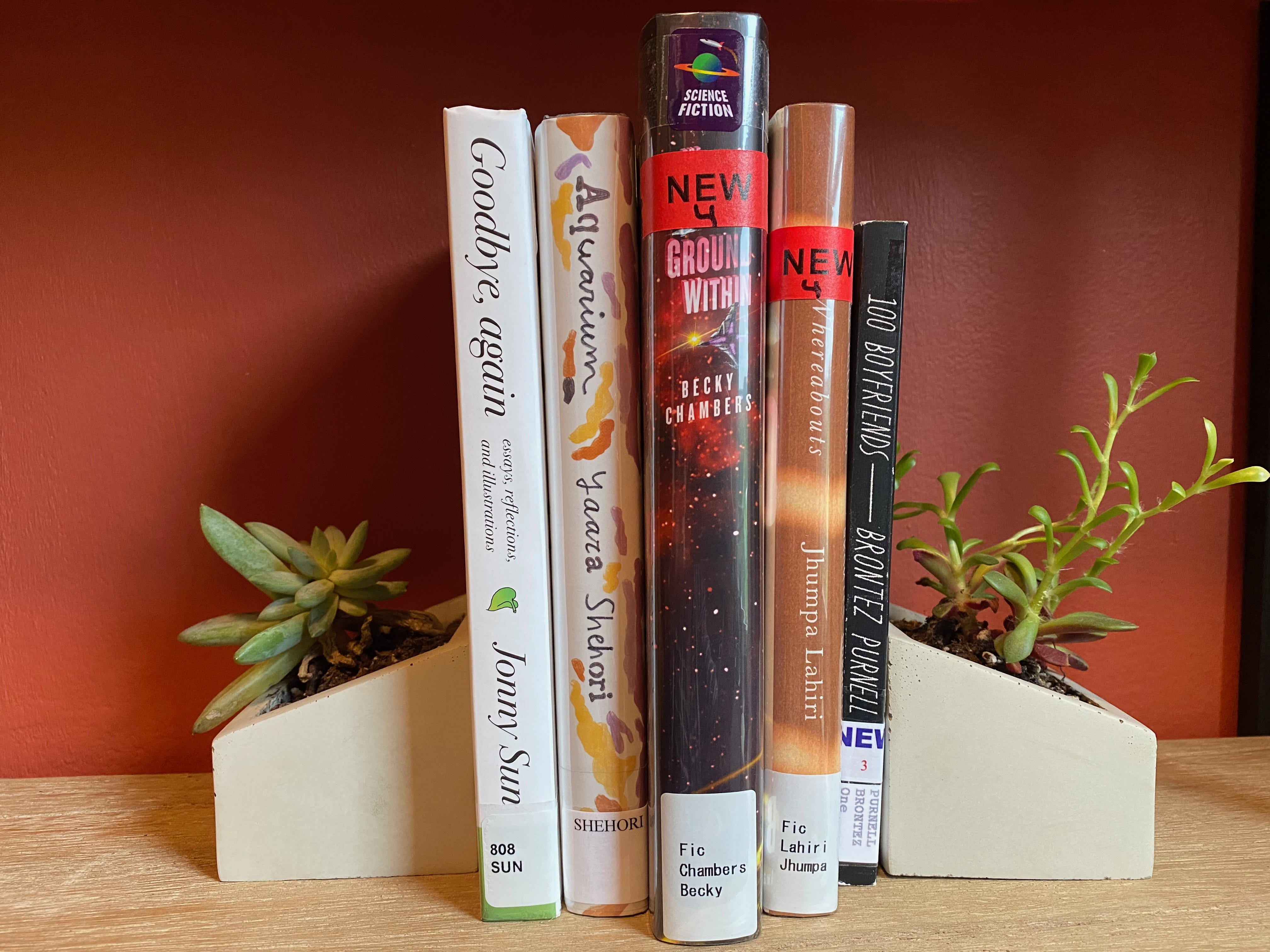 A shelf of library books between two small succulent planter bookends, holding two leggy succulents. The books are: Goodbye, Again, Aquarium, The Galaxy, and the Ground Within, Whereabouts, and 100 Boyfriends.