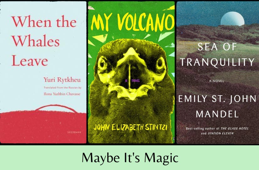 Covers of the three books listed in a row, above the text “Maybe It’s Magic” on a pale green background.