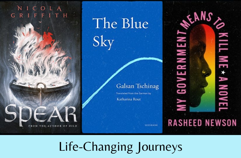 Small images of the three listed books above the text “Life Changing Journeys” on a light blue background.