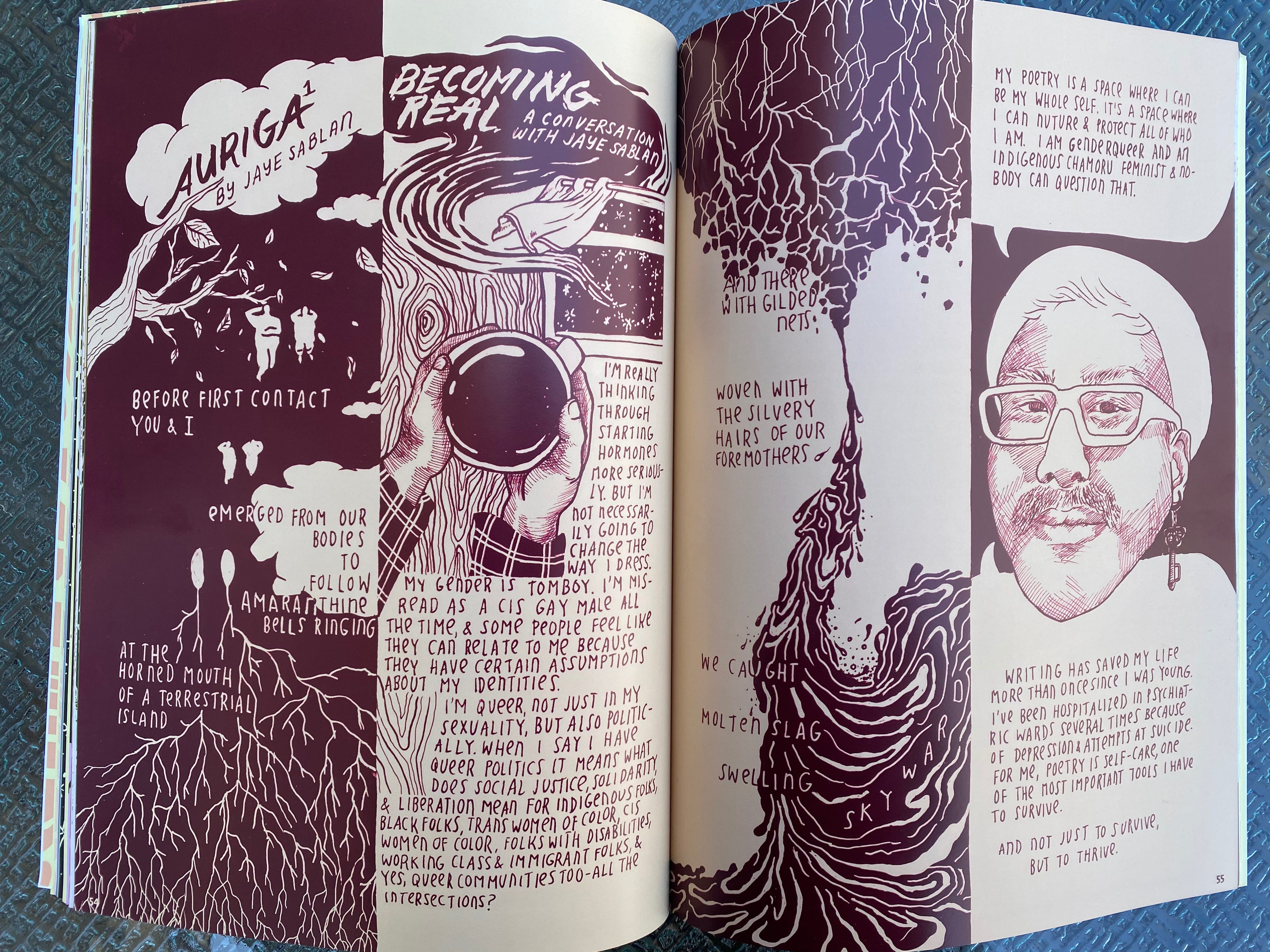A two page spread from Our Work Is Everywhere. There are many illustrations interspersed with text, including a face, hands holding a mug, and images of roots and waves.