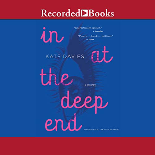 The cover of the audiobook version of In at the Deep End. The title appears in pink script over a blue background.