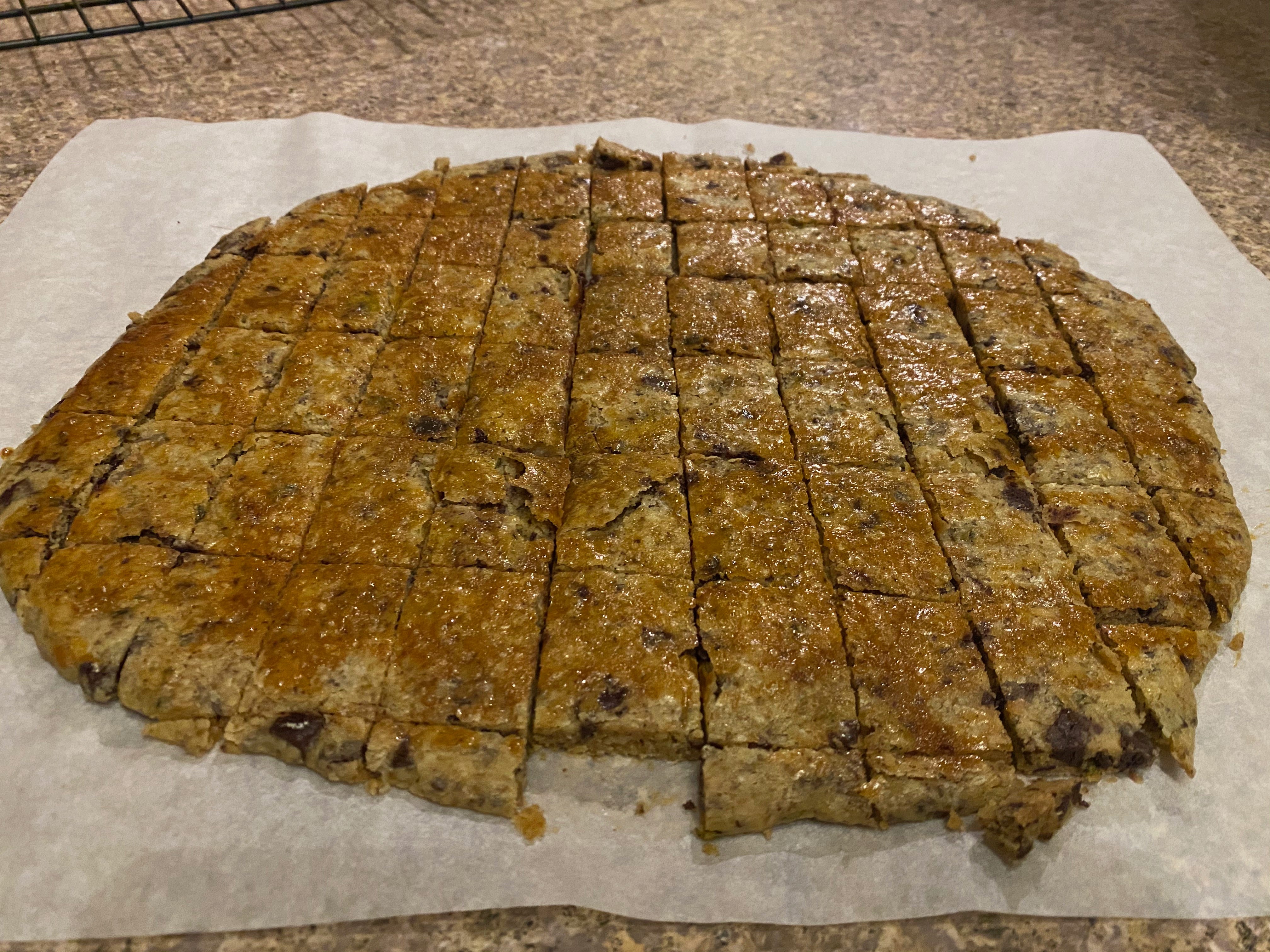 A large oval-shaped piece of rosemary shortbread sits on a piece of parchment paper on a counter. It is cut into small rectangles, and studded with small chocolate chunks.