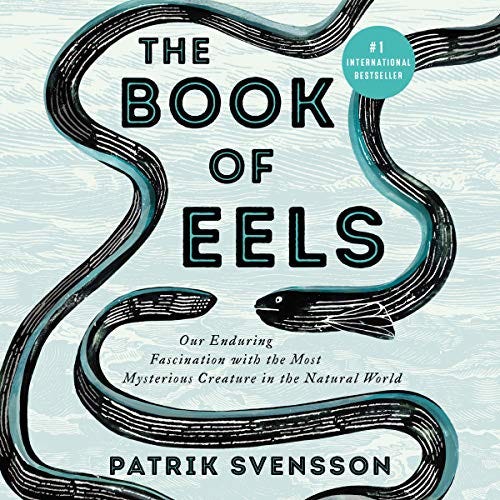 The cover of the audiobook version of The Book of Eels. Several black illustrations of eels surround the title.
