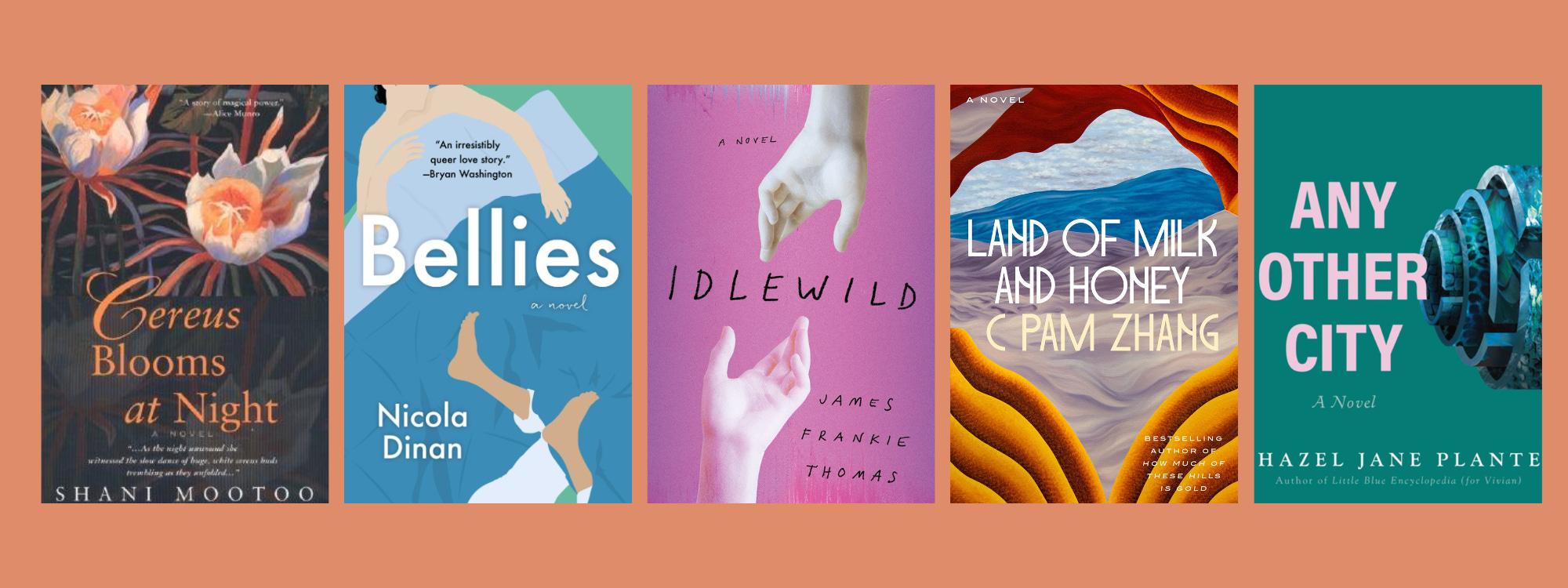 Small cover images of the listed books on a pale orange background.