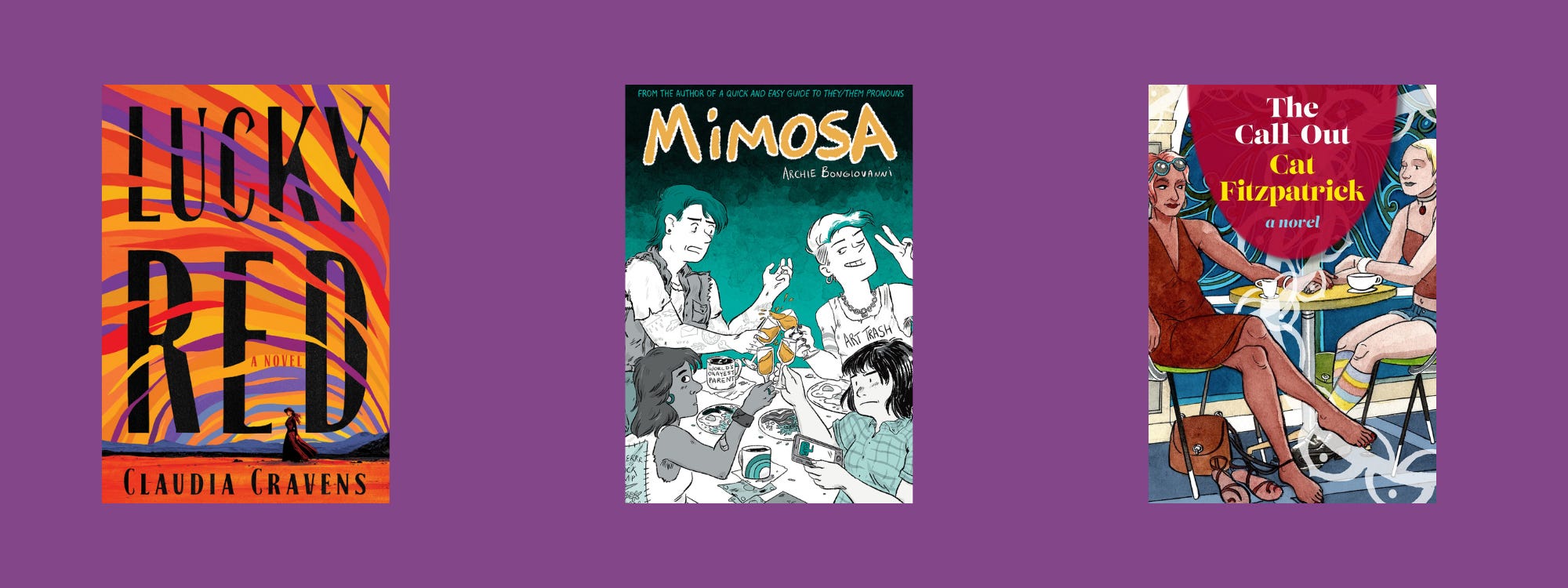 Small cover images of the listed books on a purple background.