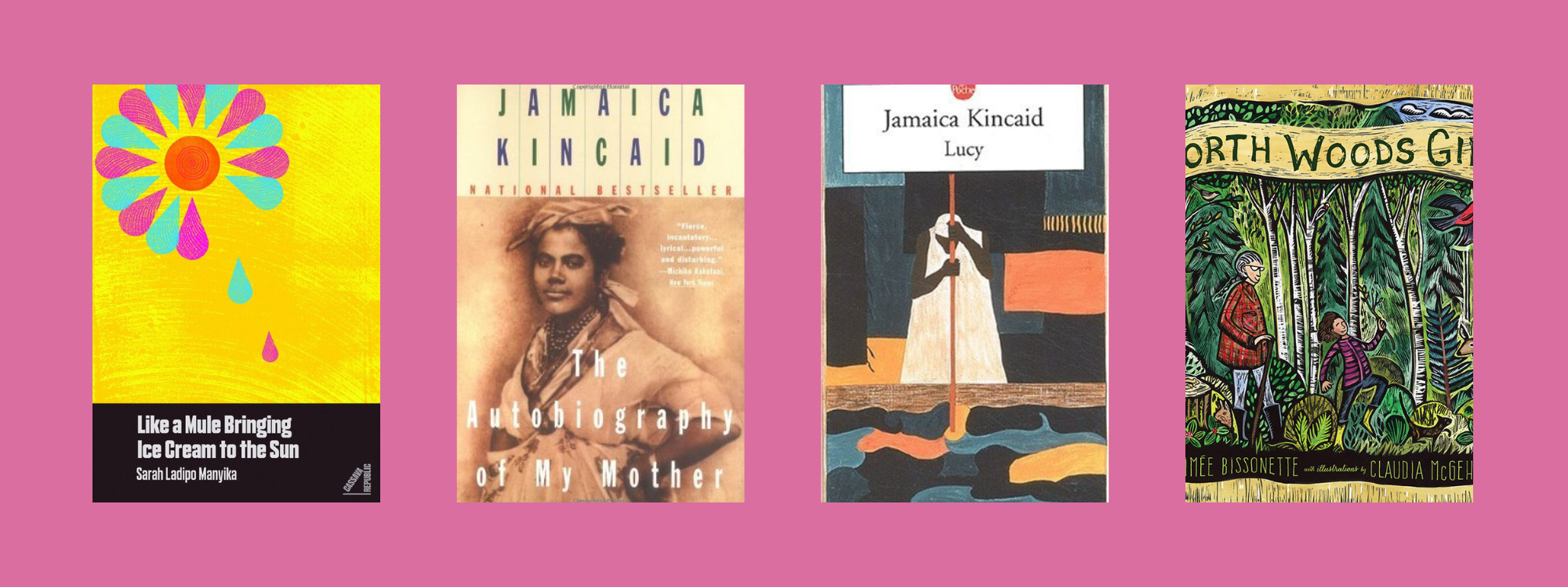 Small cover images of the listed books on a pink background.