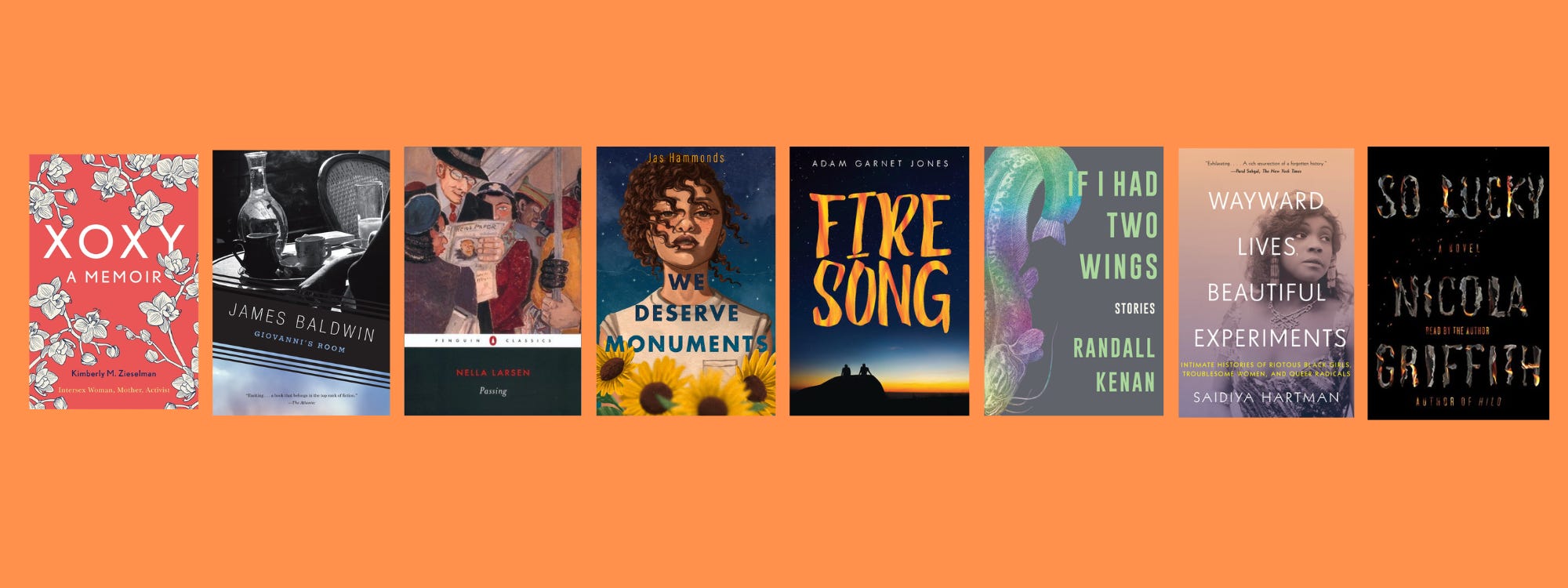 Images of the listed books in a row on an orange background.