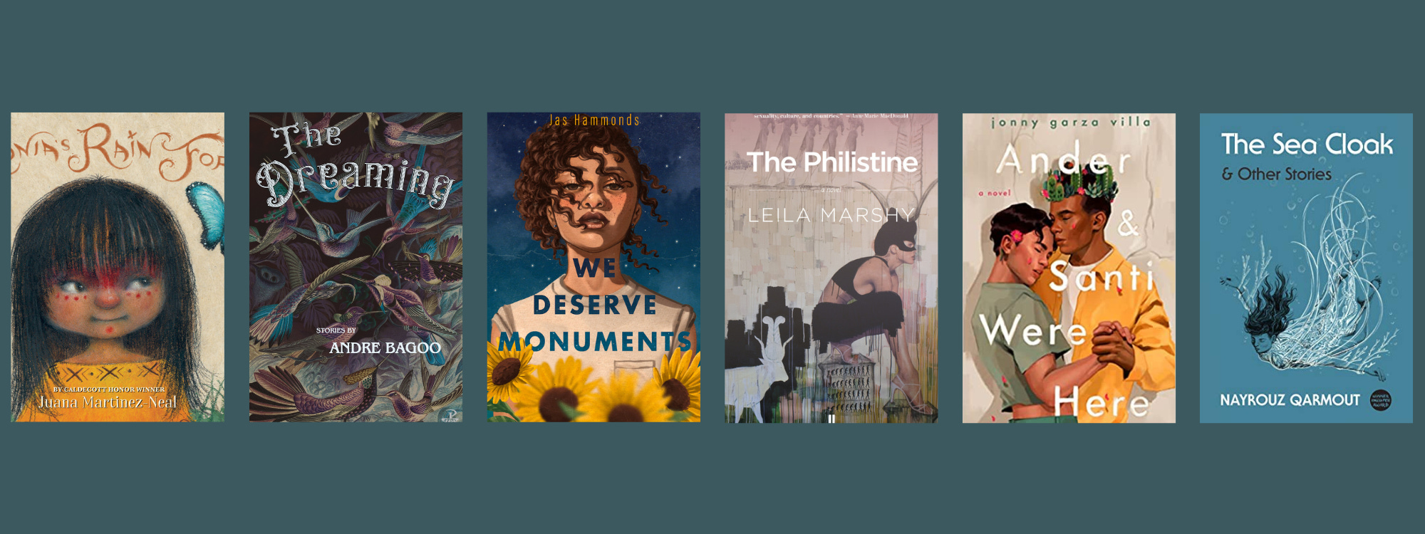 Small cover images of the listed books on a blue-grey background.