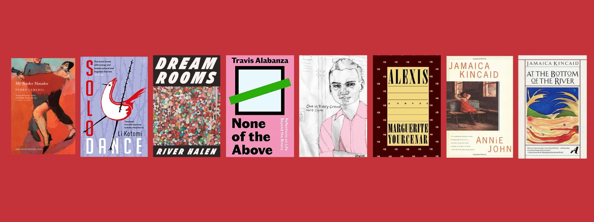 Images of the listed books in a row on a red background.