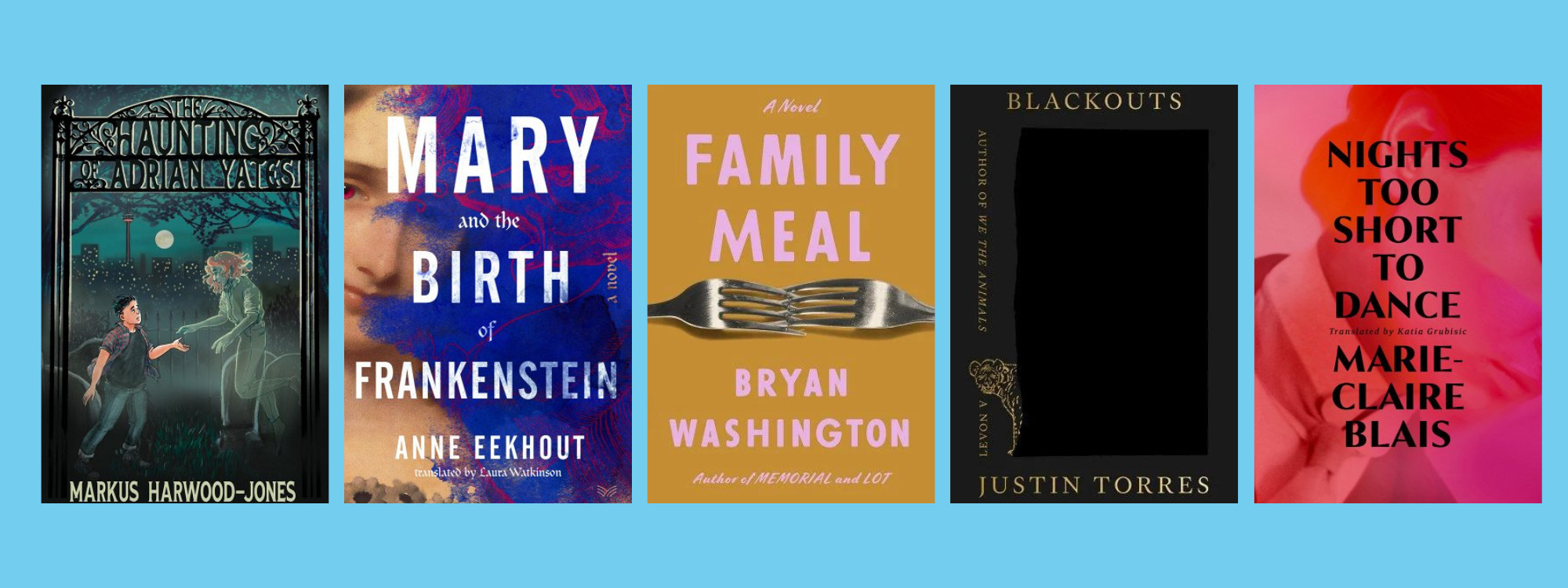 Small cover images of the listed books on a blue background.