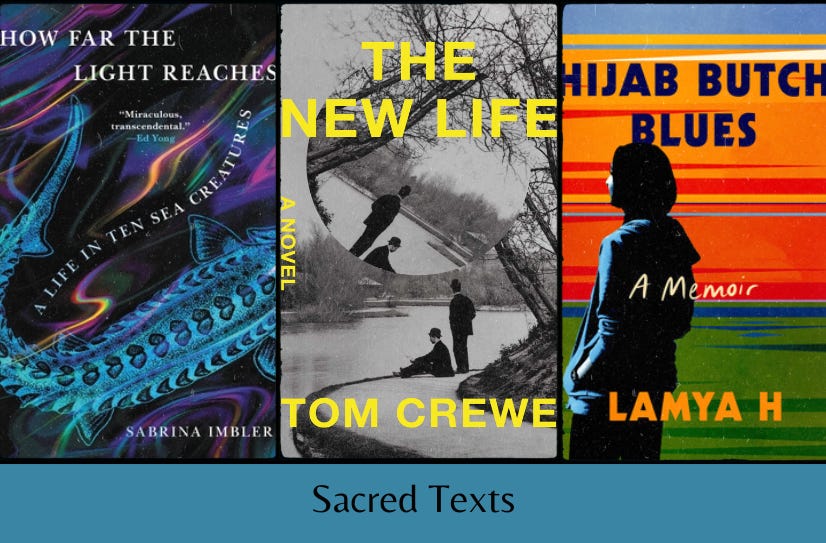 Small images of the three listed books in a row, above the text ‘Sacred Texts’ on a blue background.