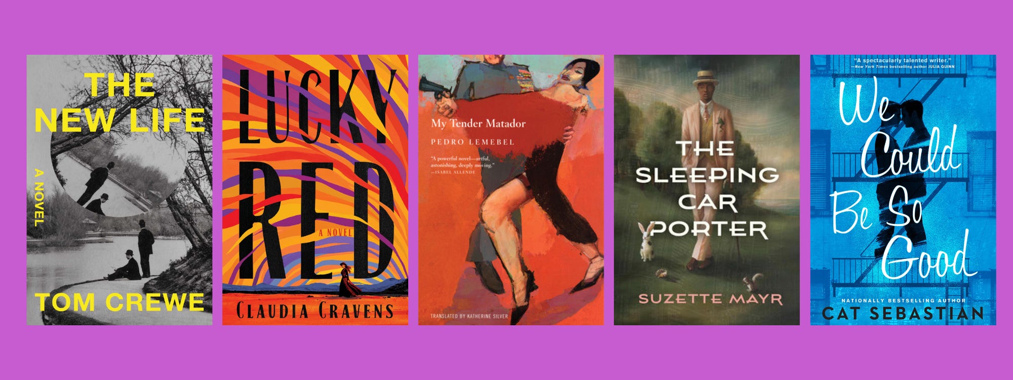 Cover images of the listed books on a purple background.