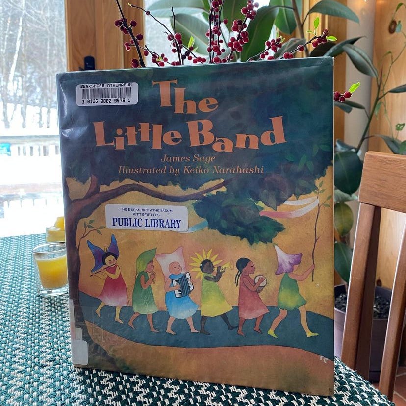 This book is standing up in front of a vase of sprouting winterberry and a large rubber tree plant.