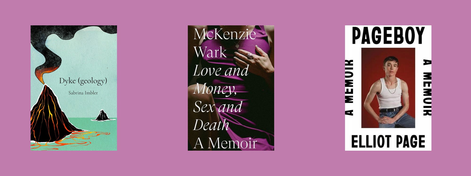 Small cover images of the listed books on a purple background.