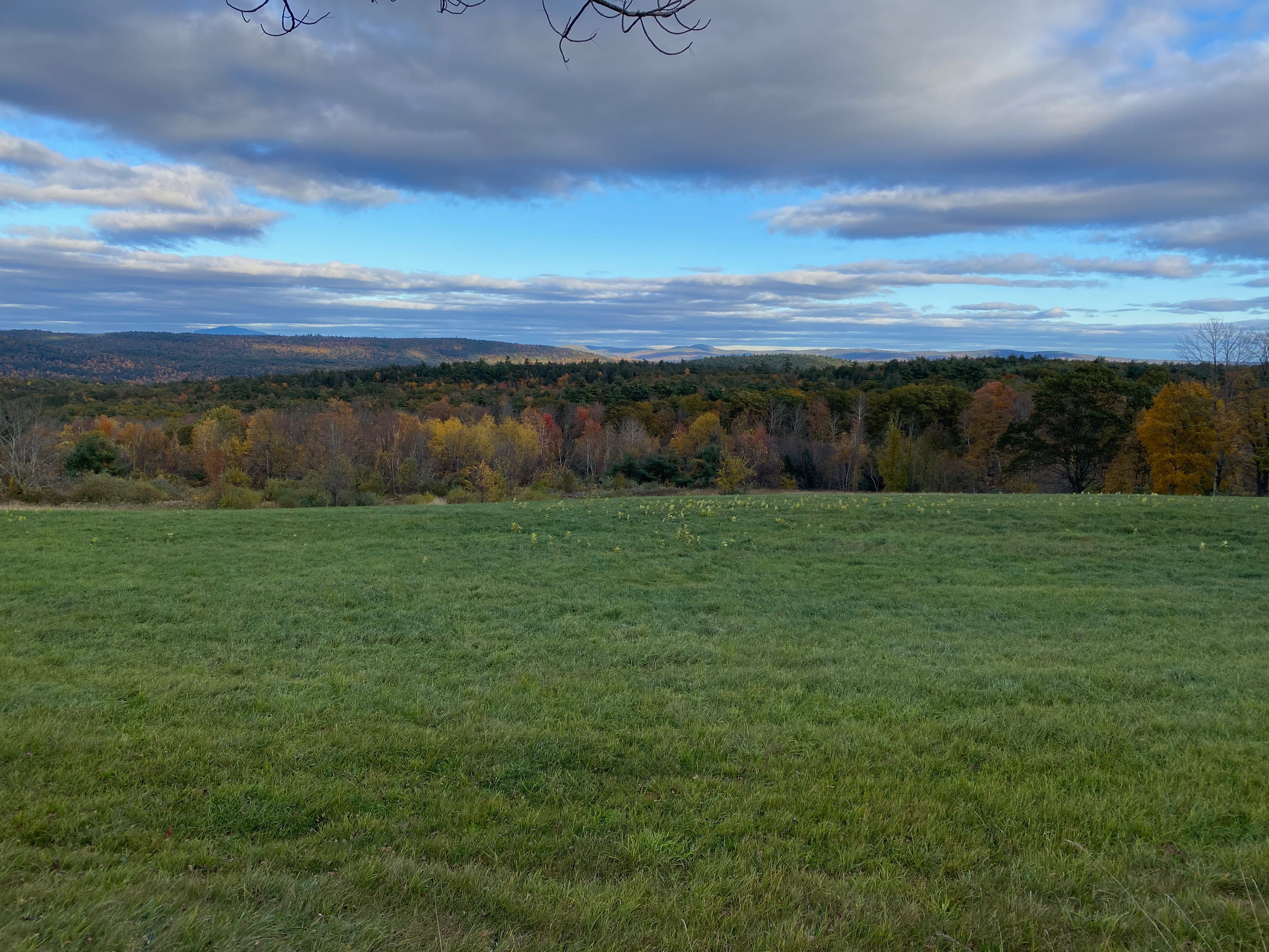 A bright green field with a sweeping view of hills in their fall glory and a sky of silver, blue, and purple clouds.