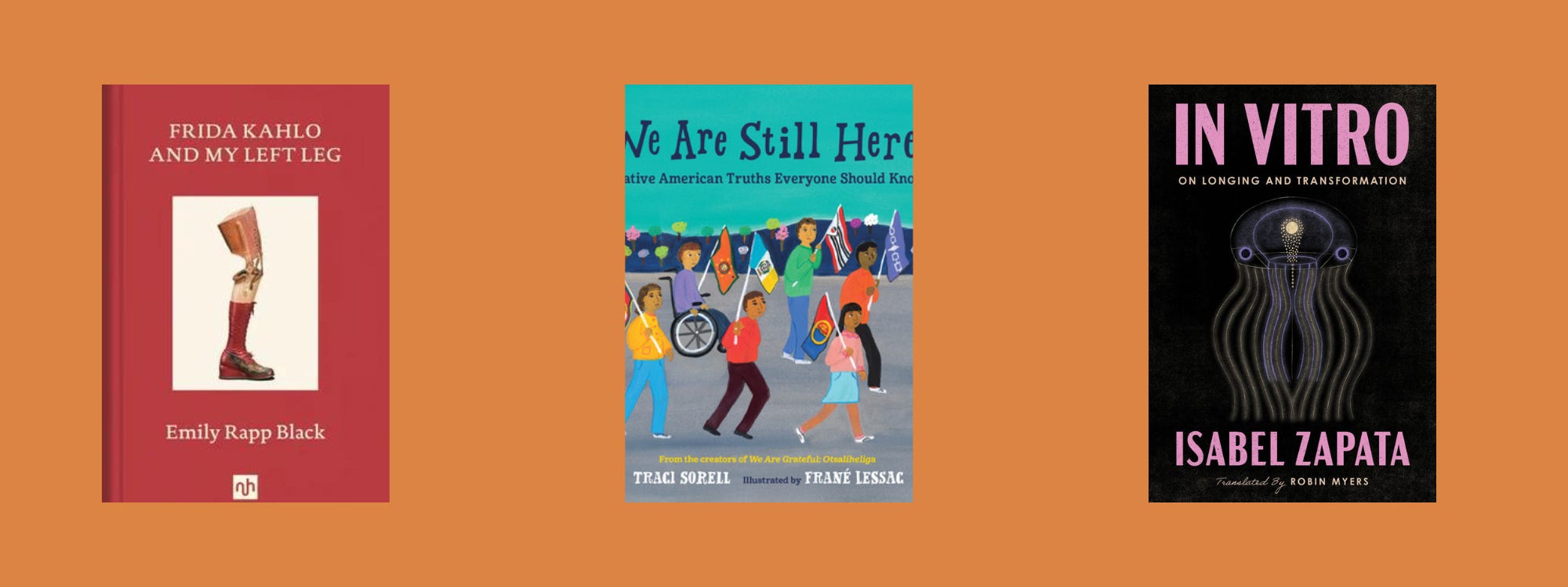 Small cover images of the listed books on an orange background.