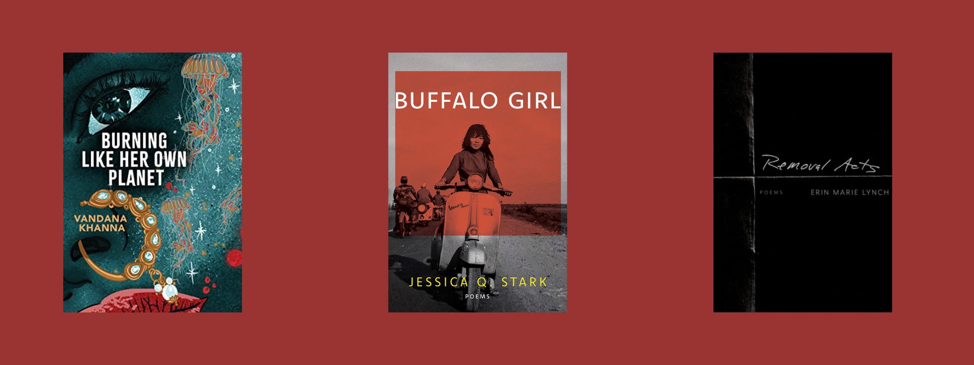 Cover images of the listed books on a red background.