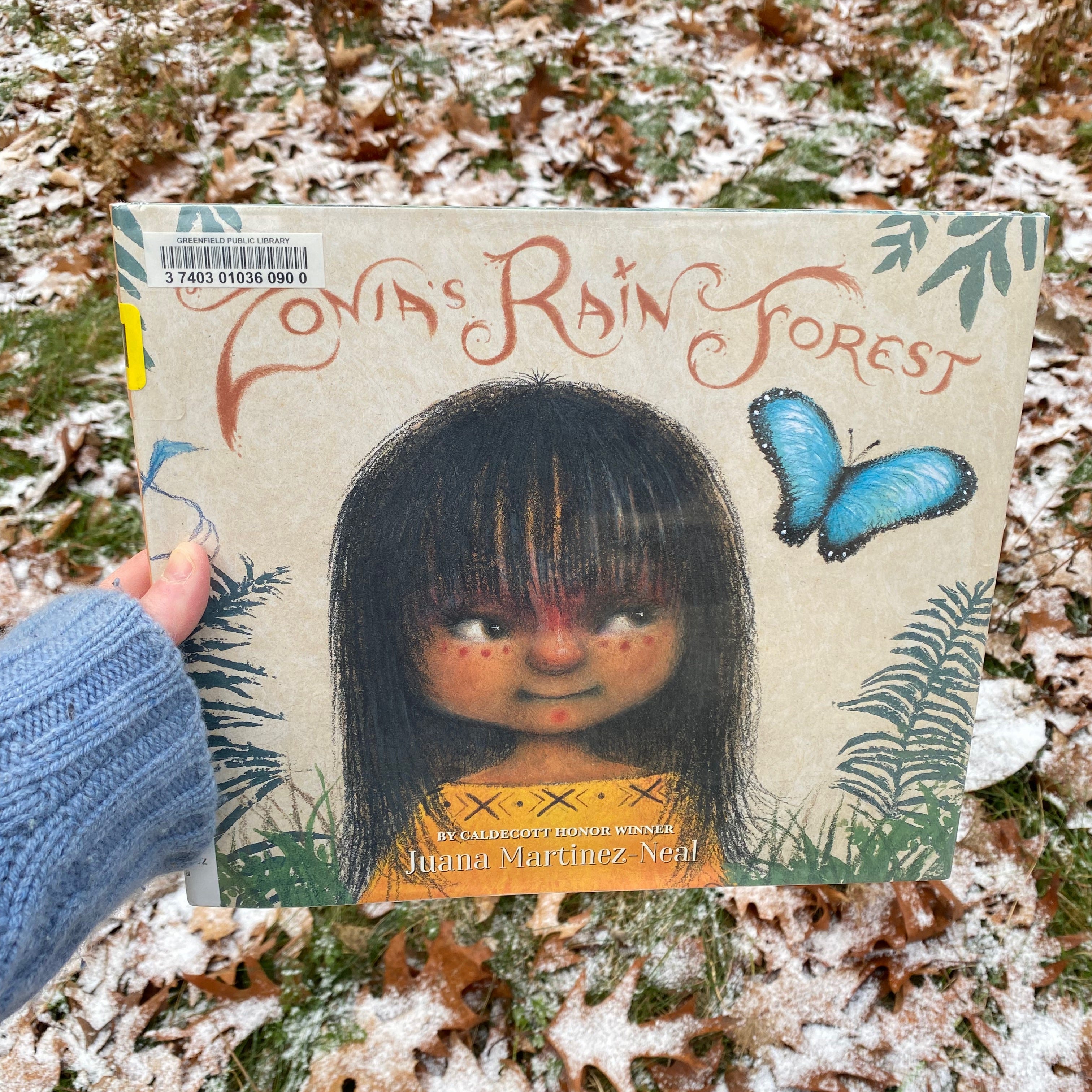 I’m holding this book up in front of a meadow of snow-covered oak leaves. 