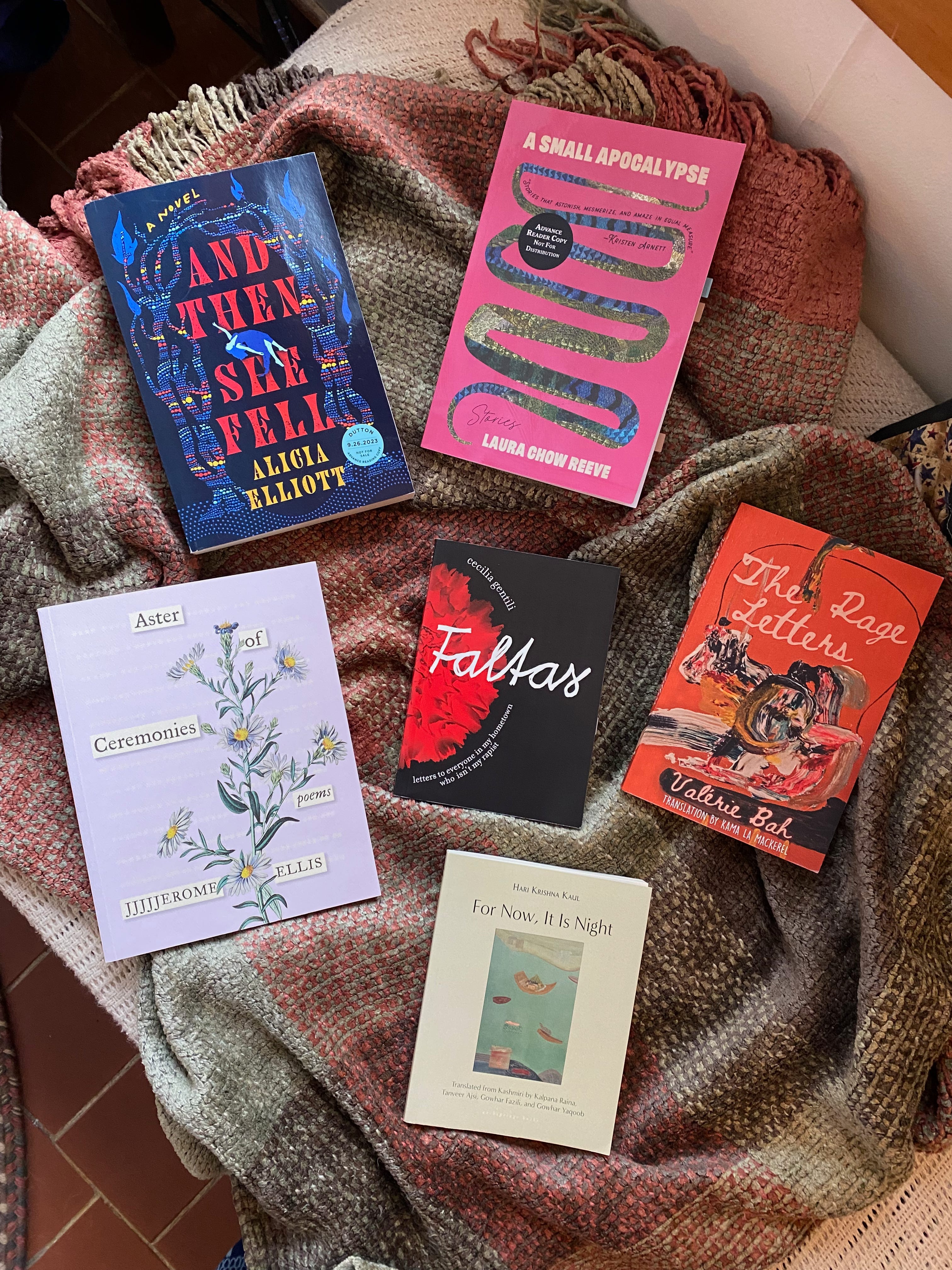 Six books arranged on a blanket: A Small Apocalypse, And Then She Fell, Aster of Ceremonies, Faltas, The Rage Letters, For Now, It Is Night.
