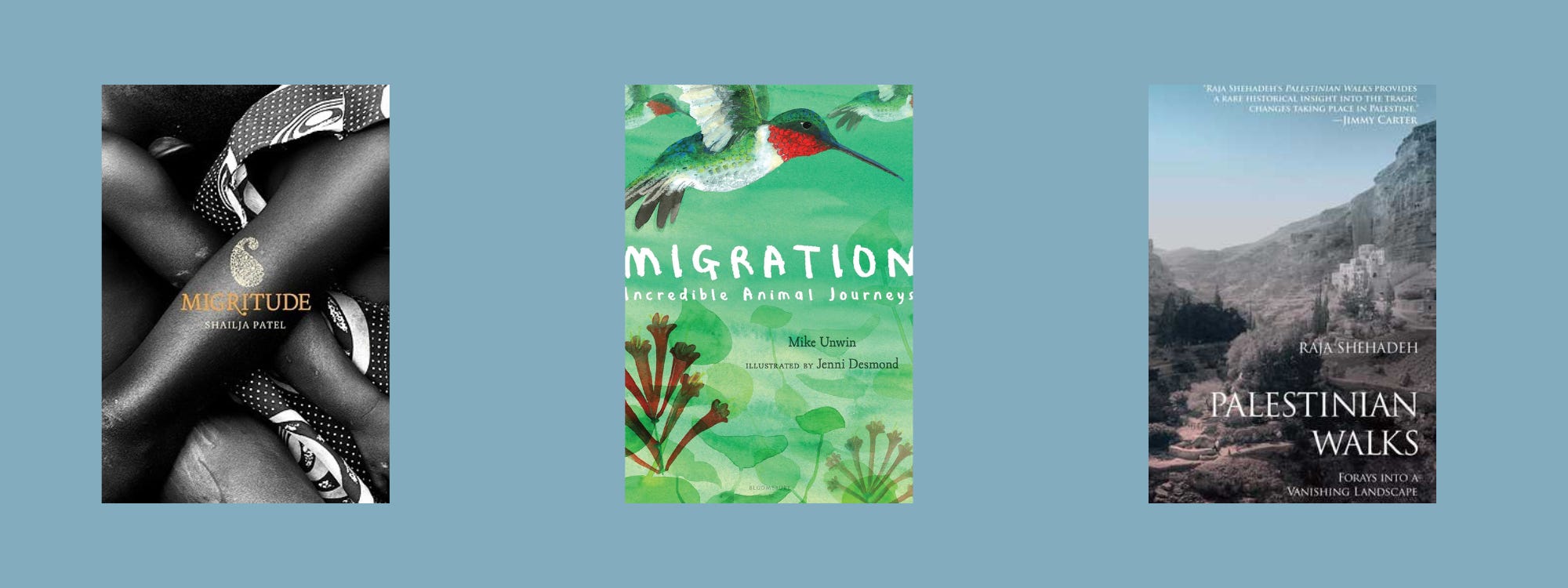 Small cover images of the listed books on a pale blue background.