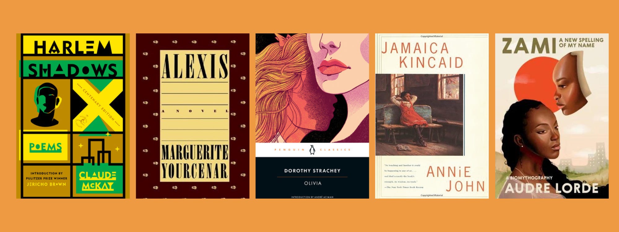 Cover images of the listed books on an orange background.