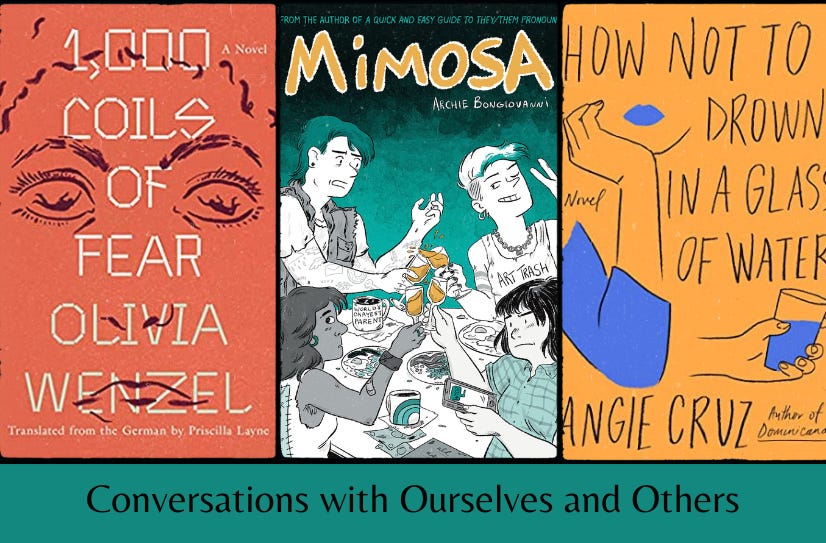 Small images of the three listed books in a row, above the text ‘Conversations With Ourselves & Others’ on a green background.