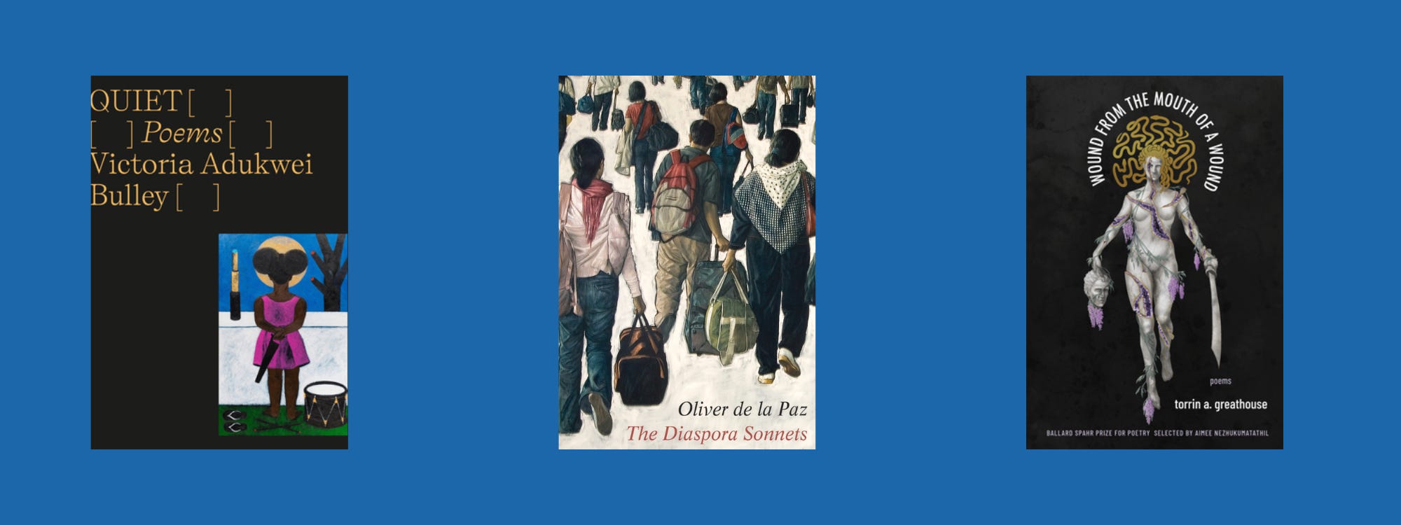 Cover images of the listed books on a blue background.