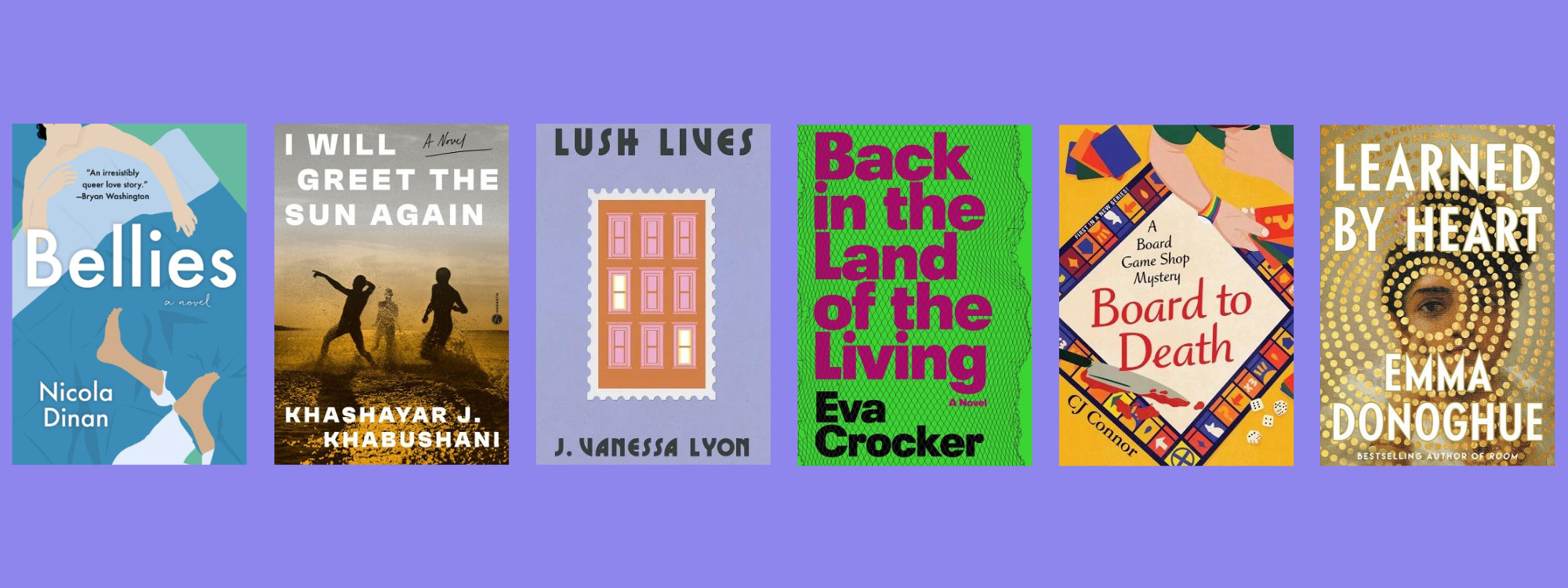 Small cover images of the listed books on a purple background.