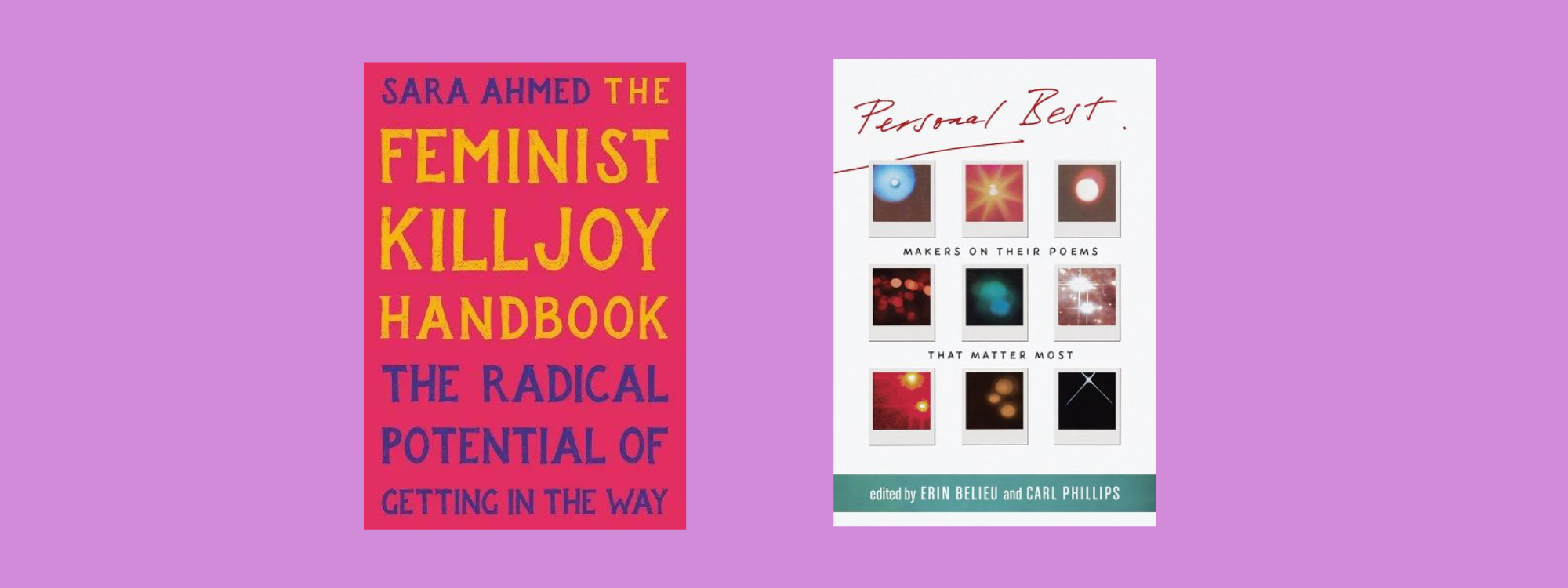 Small cover images of the listed books on a purple background.