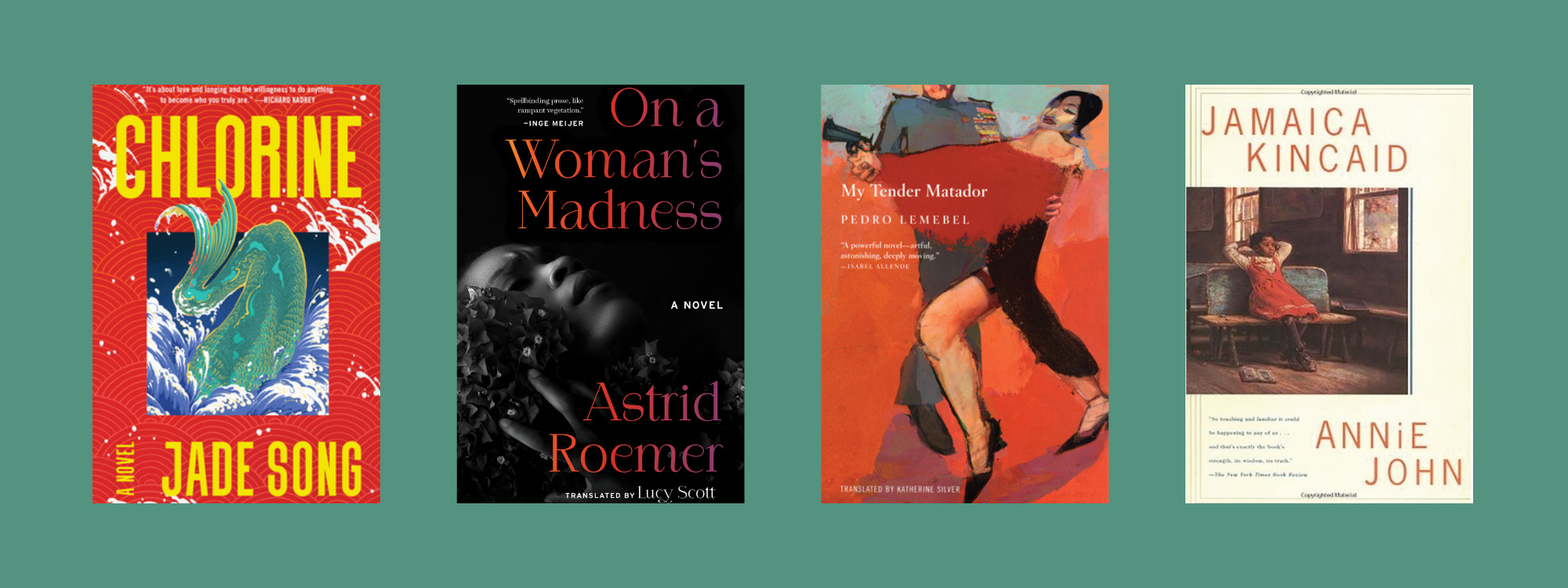 Small cover images of the listed books on a teal background.