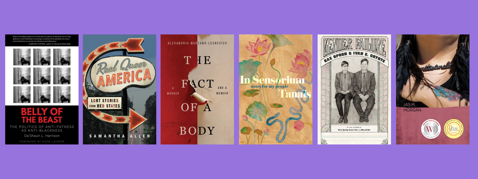 Small cover images of the listed books on a purple background.