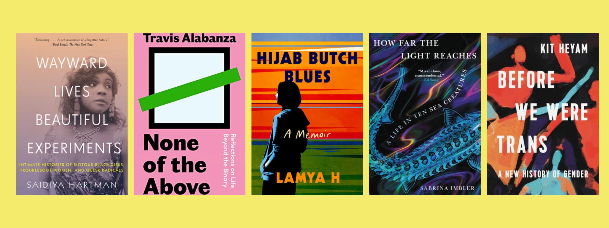 Cover images of the listed books on a yellow background.