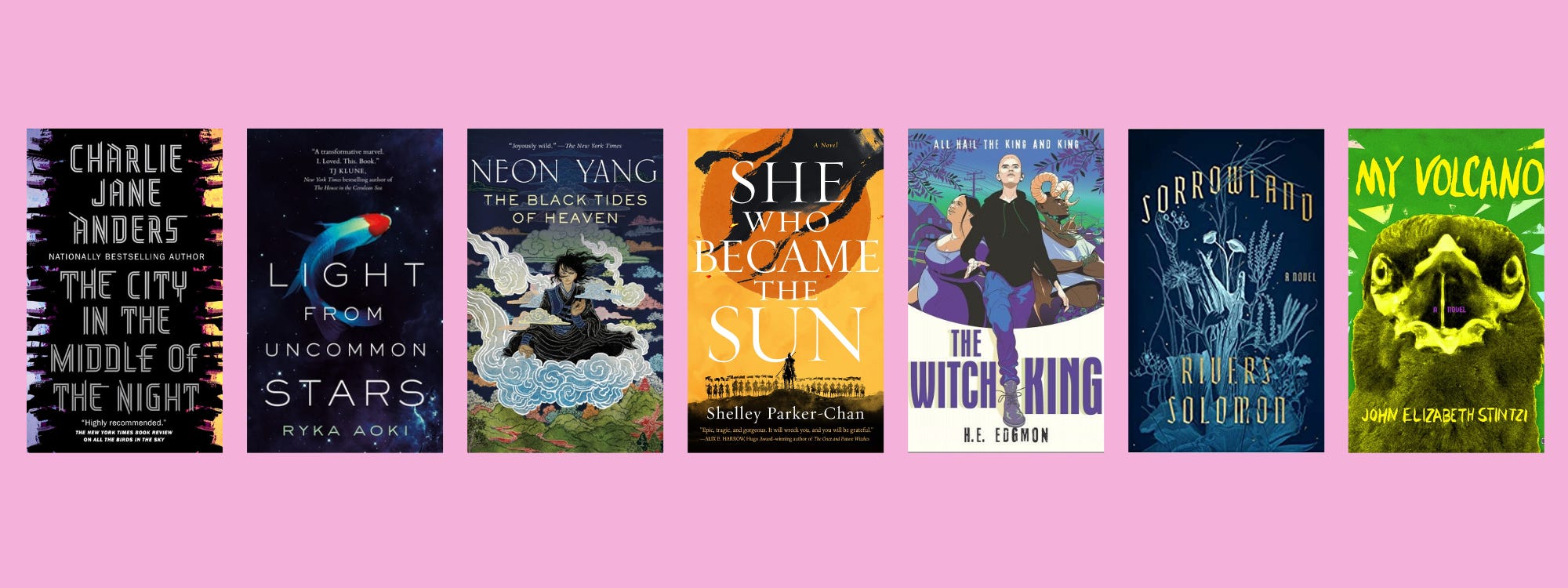 Small cover images of the listed books on a pink background.