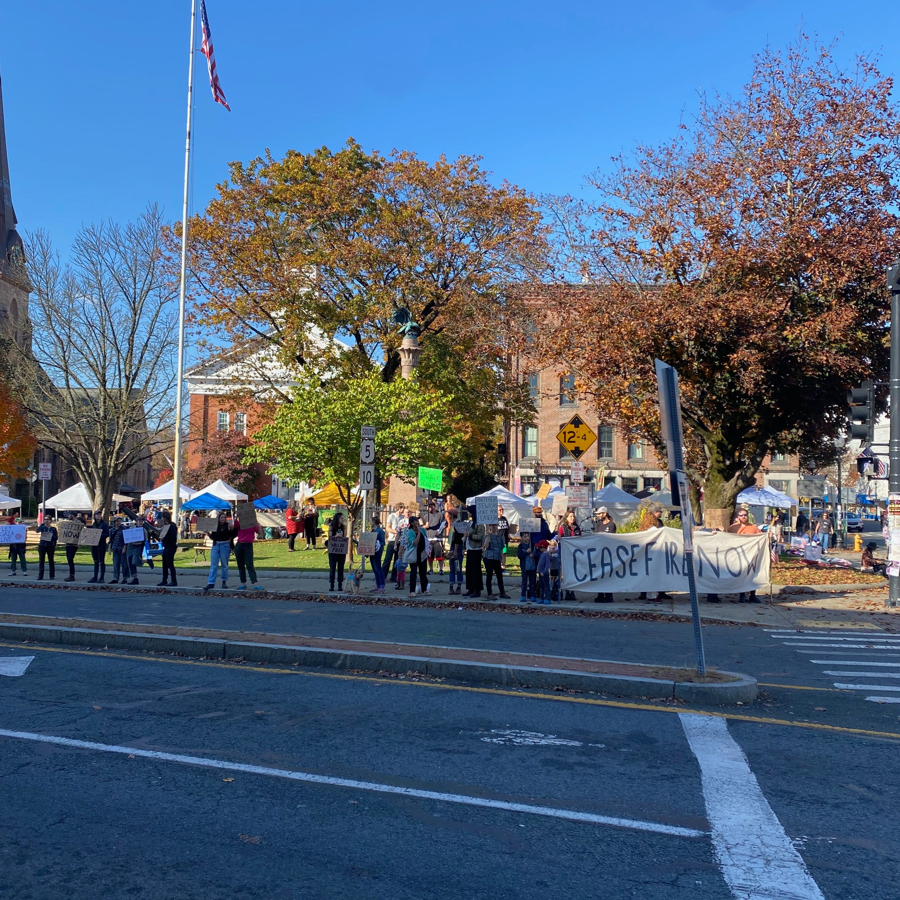 A group of protesters standing along the sidewalk in the Center of Greenfield. Two hold a large white banner that says ‘Ceasefire Now’.