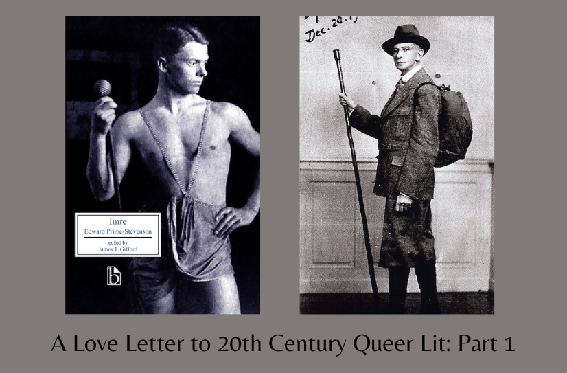 A small image of the cover of Imre, next to a photograph of Edward Prime-Stevenson, wearing a grey suit and hat, a backpack, and holding a tall walking stick.