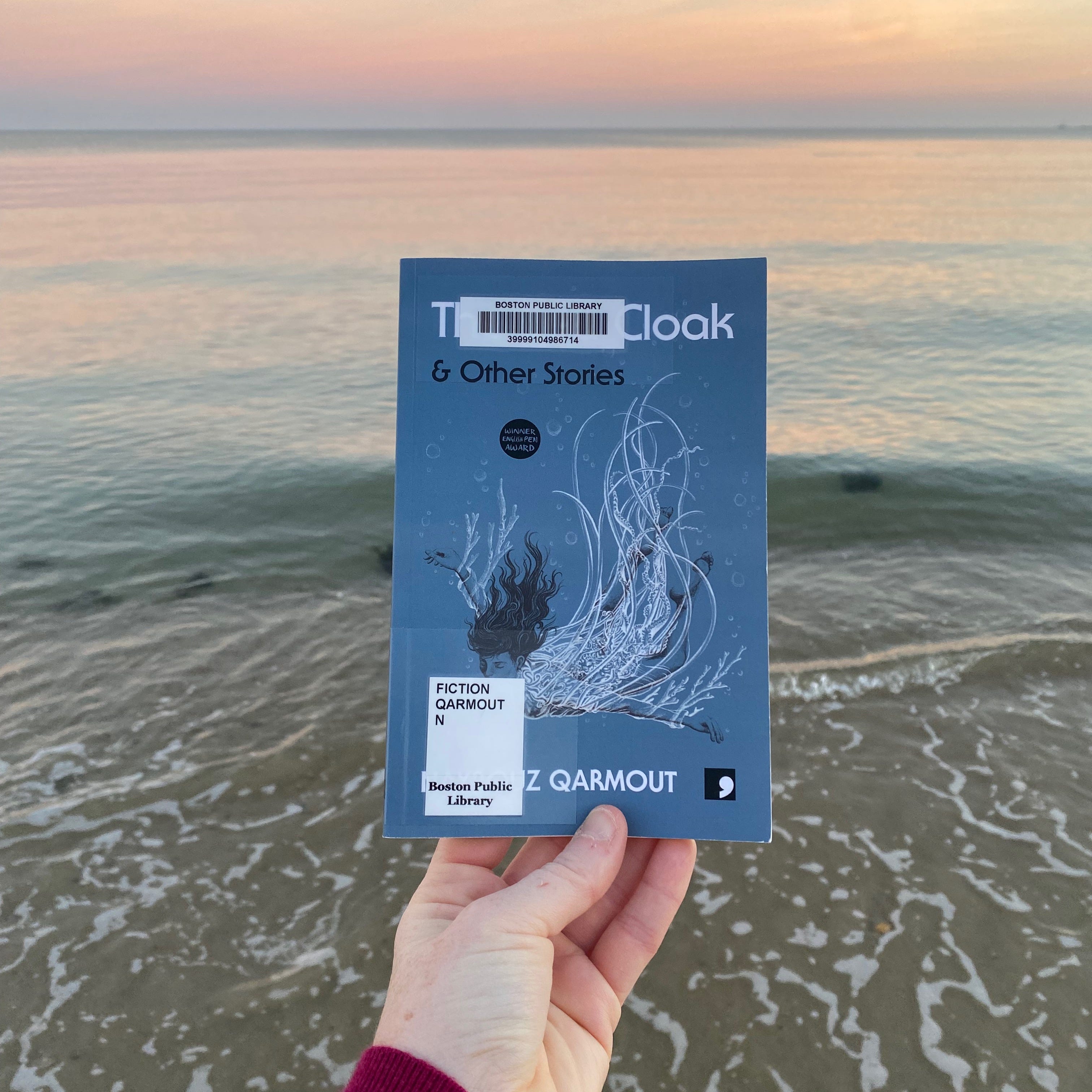 I’m holding up this book in front of the still ocean at sunrise, the sky pink and orange.