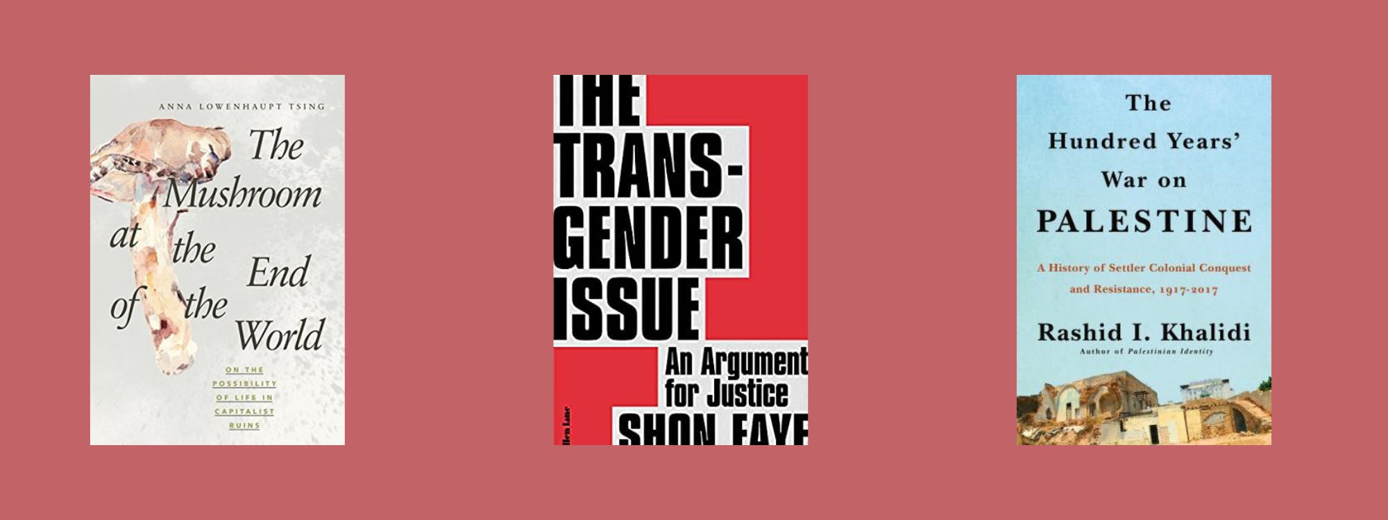 Small cover images of the listed books on a pale red background.