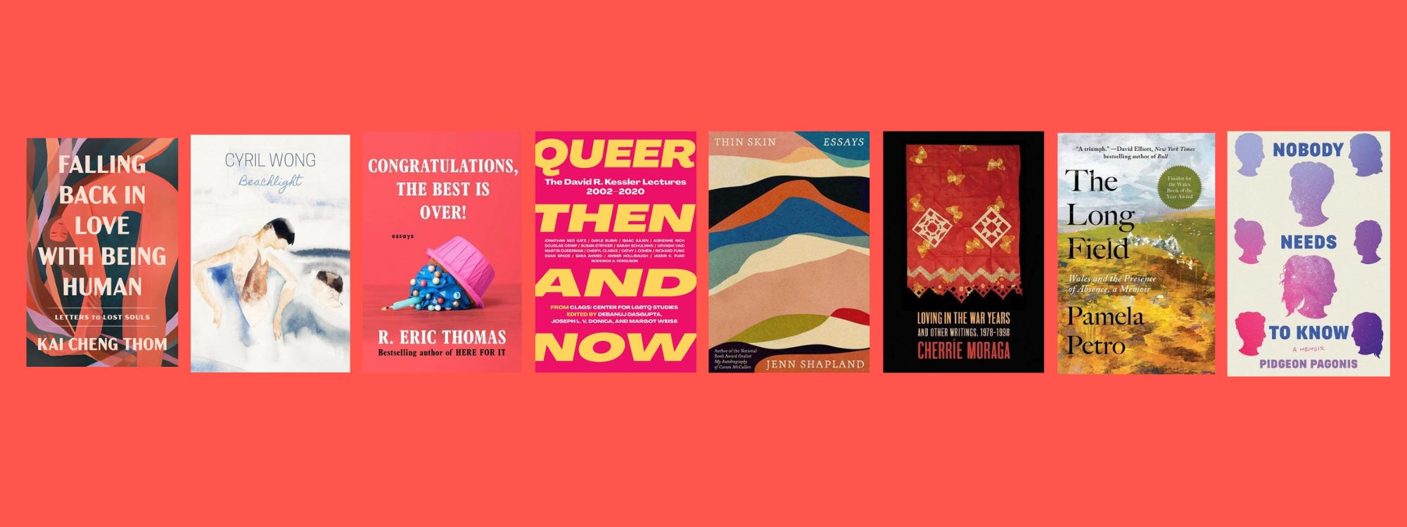 Small cover images of the listed books on a red background.